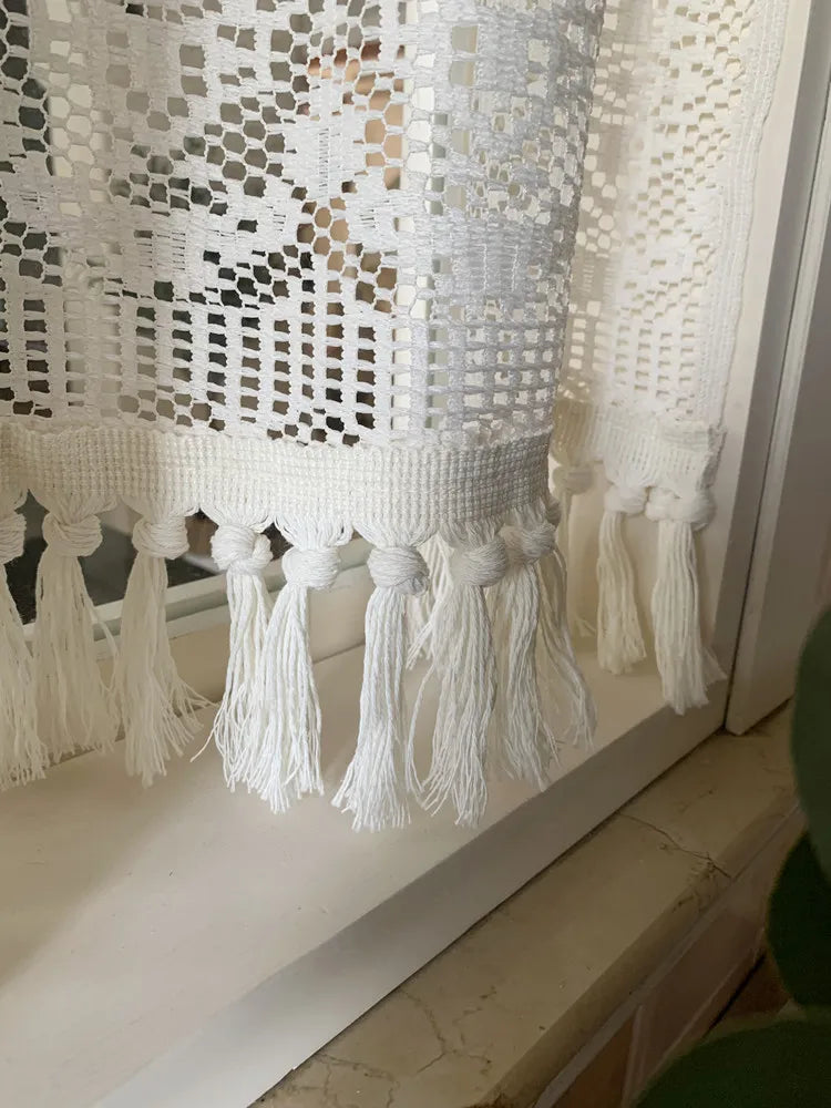 Nordic hollow lace gauze curtain fringed rural retro partition cotton and linen curtain