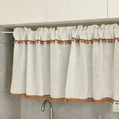 Kitchen Curtains Faux Linen Textured Small Cafe Window Curtain with Pom Pom Over Sink Light Filtering Short Curtain for Bathroom