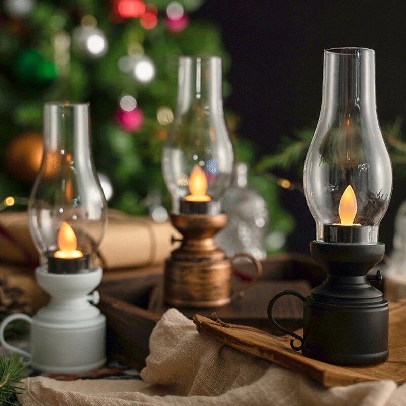 Vintage Flameless Candle Lamp Retro Night Light Candlestick Desktop Decoration Candle Holders Party Table Bedroom Decor Gifts
