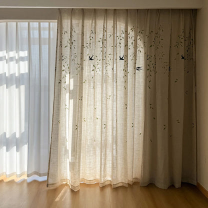 French Embroidered Bird Linen Curtain For Living Room, Privacy Sheer Curtain For Bedroom, Machine Washable .Easy Install Curtain