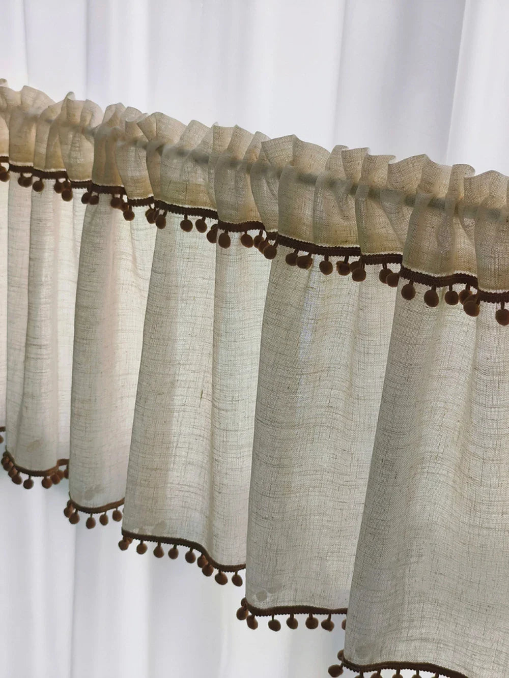 Kitchen Curtains Faux Linen Textured Small Cafe Window Curtain with Pom Pom Over Sink Light Filtering Short Curtain for Bathroom
