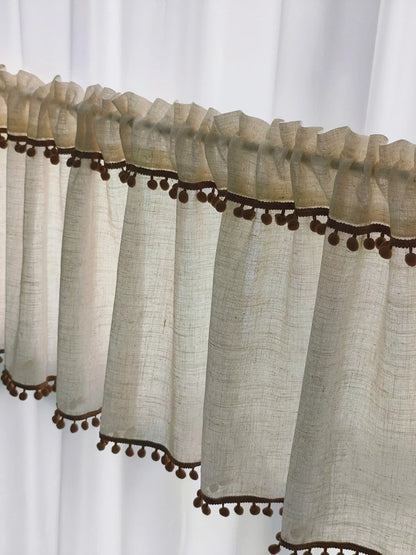 Kitchen Curtains Faux Linen Textured Small Cafe Window Curtain with Pom Pom Over Sink Light Filtering Short Curtain for Bathroom