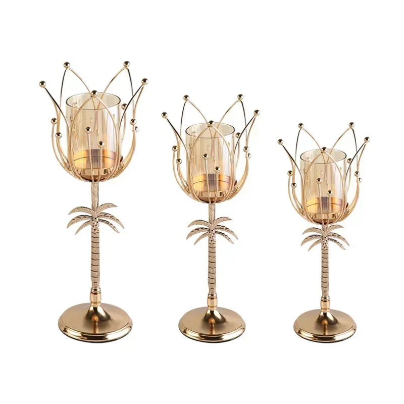 1pcs Electroplated Candlestick Candlelight Dinner European Lotus Metal Candlestick Coconut Tree Candlestick Christmas Decoration