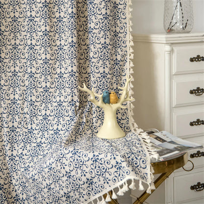 Clochef 1pc American Vintage Farmhouse Curtain Bohemian Imitation Linen Pure Hand Sewn Fringe Curtains Blue And White Porcelain