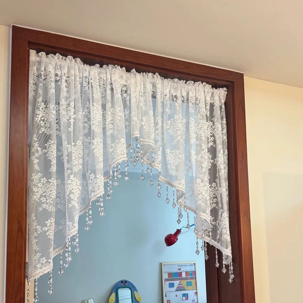 Elegant French Vintage Lace Half Curtain with Beaded Lace Triangle Design | Rod Pocket Privacy Curtain for Bedroom, Kitchen