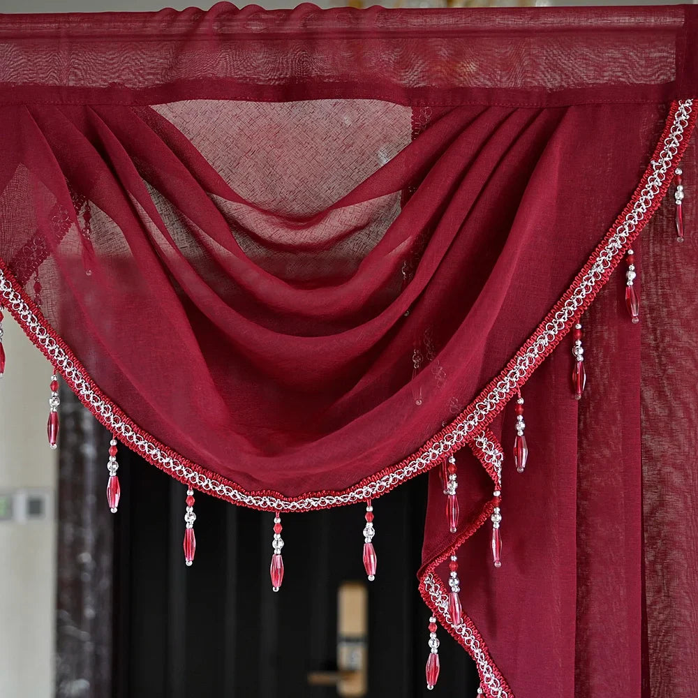 White Linen Valance Curtain Head Luxury Beaded Lace Voile Valance Curtain Wavy Curtain Custom Window Panel Drape for Living Room