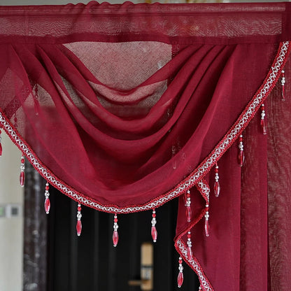 White Linen Valance Curtain Head Luxury Beaded Lace Voile Valance Curtain Wavy Curtain Custom Window Panel Drape for Living Room