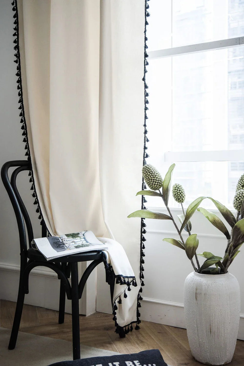 Boho Curtains Natural Linen Look Textured Burlap for Bedroom Rod Pocket Semi Blackout with Tassels Window Drapes for Living Room