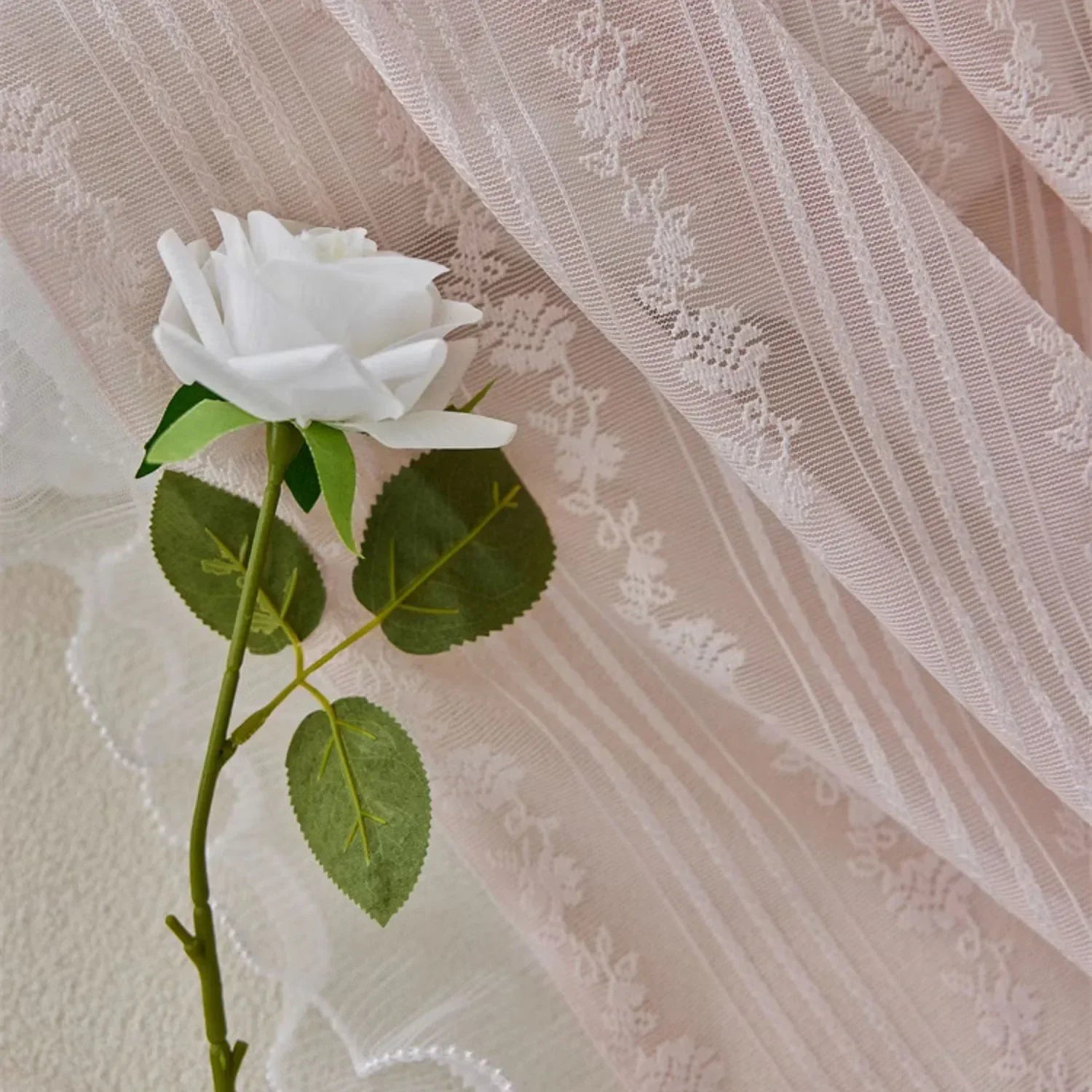 Pink Vertical Striped Rose Flower Lace With White Pearl Ruffled Tulle Curtains For Living Room Romantic Princess Bedroom Drapes