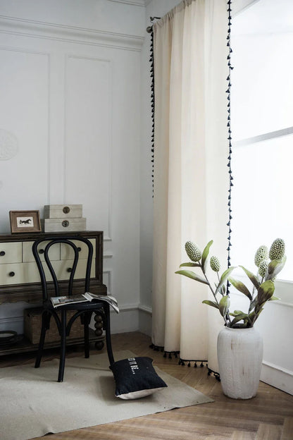 Boho Curtains Natural Linen Look Textured Burlap for Bedroom Rod Pocket Semi Blackout with Tassels Window Drapes for Living Room