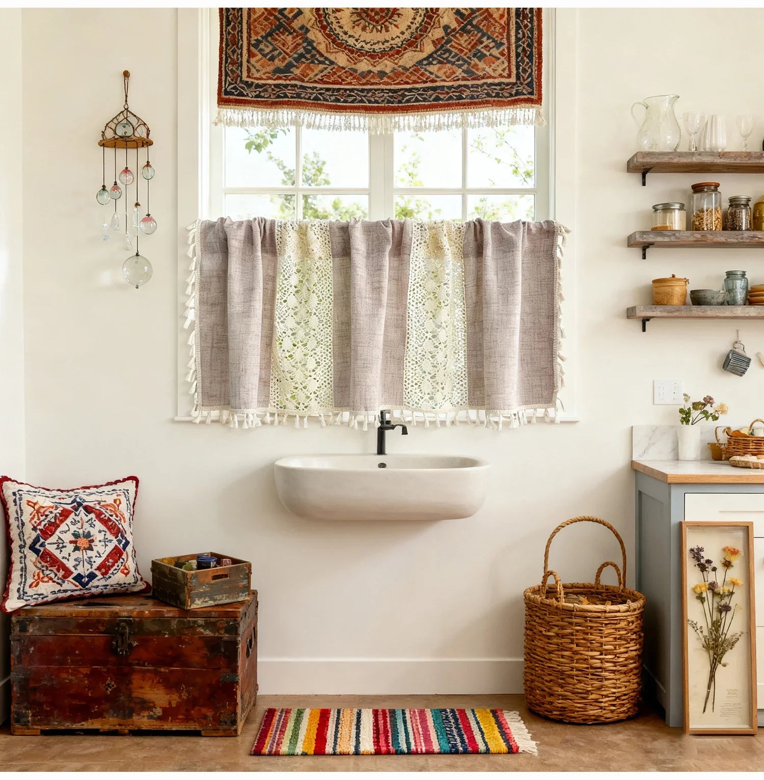 Bohemian Crochet Lace Kitchen Curtain with Tassel Trim, Spliced Design Boho Curtains for Window Panel Light Filtering Drape