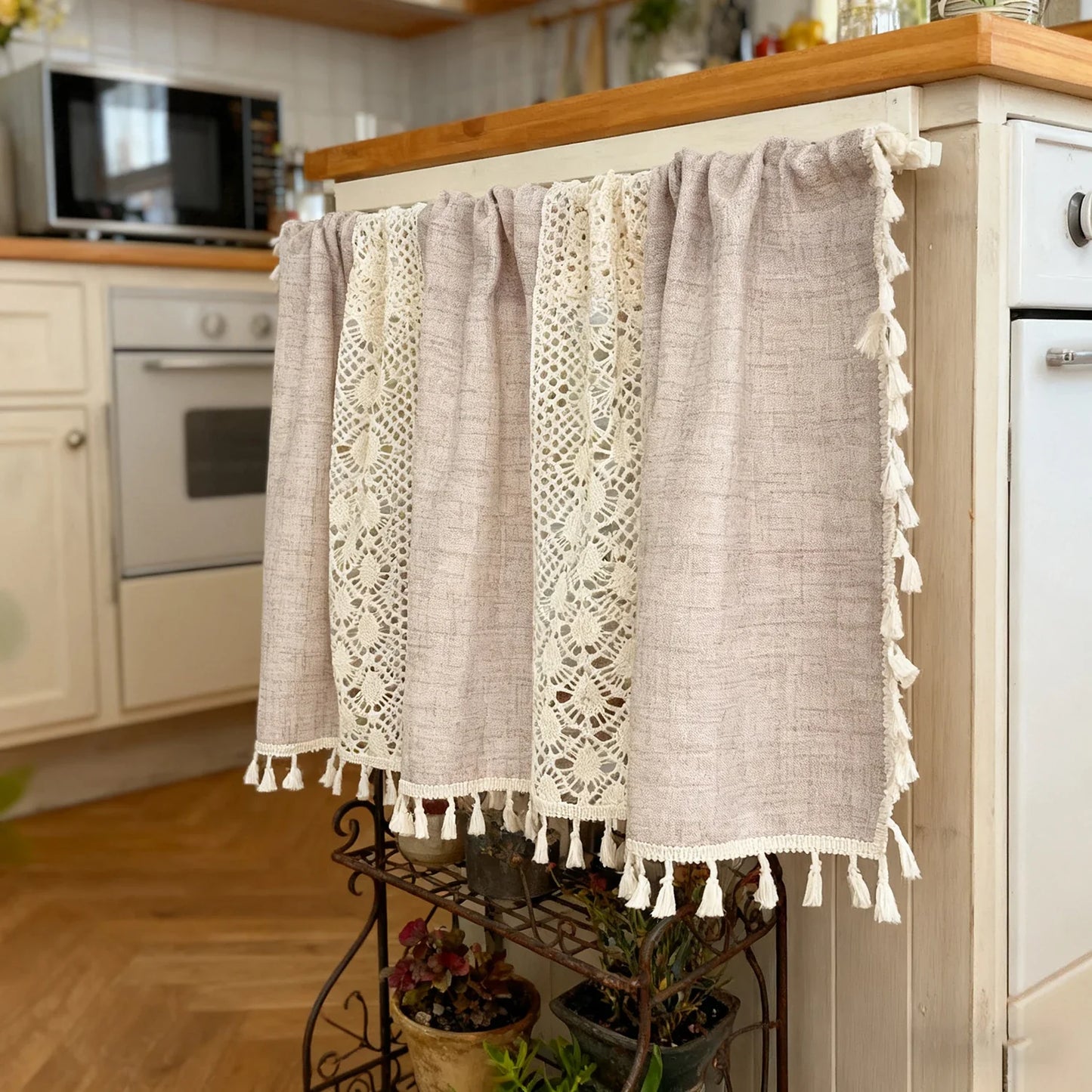 Bohemian Crochet Lace Kitchen Curtain with Tassel Trim, Spliced Design Boho Curtains for Window Panel Light Filtering Drape
