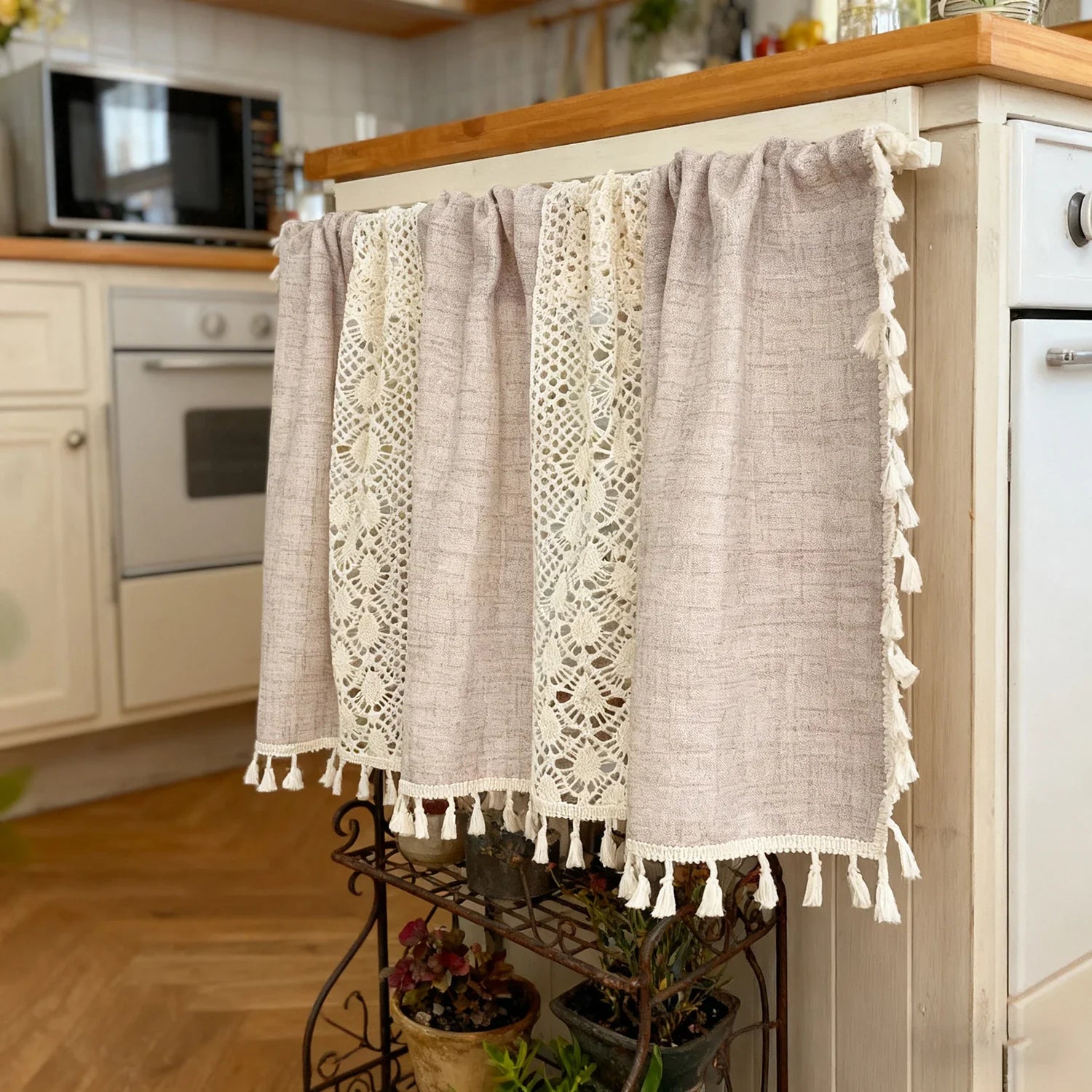 Bohemian Crochet Lace Kitchen Curtain with Tassel Trim, Spliced Design Boho Curtains for Window Panel Light Filtering Drape
