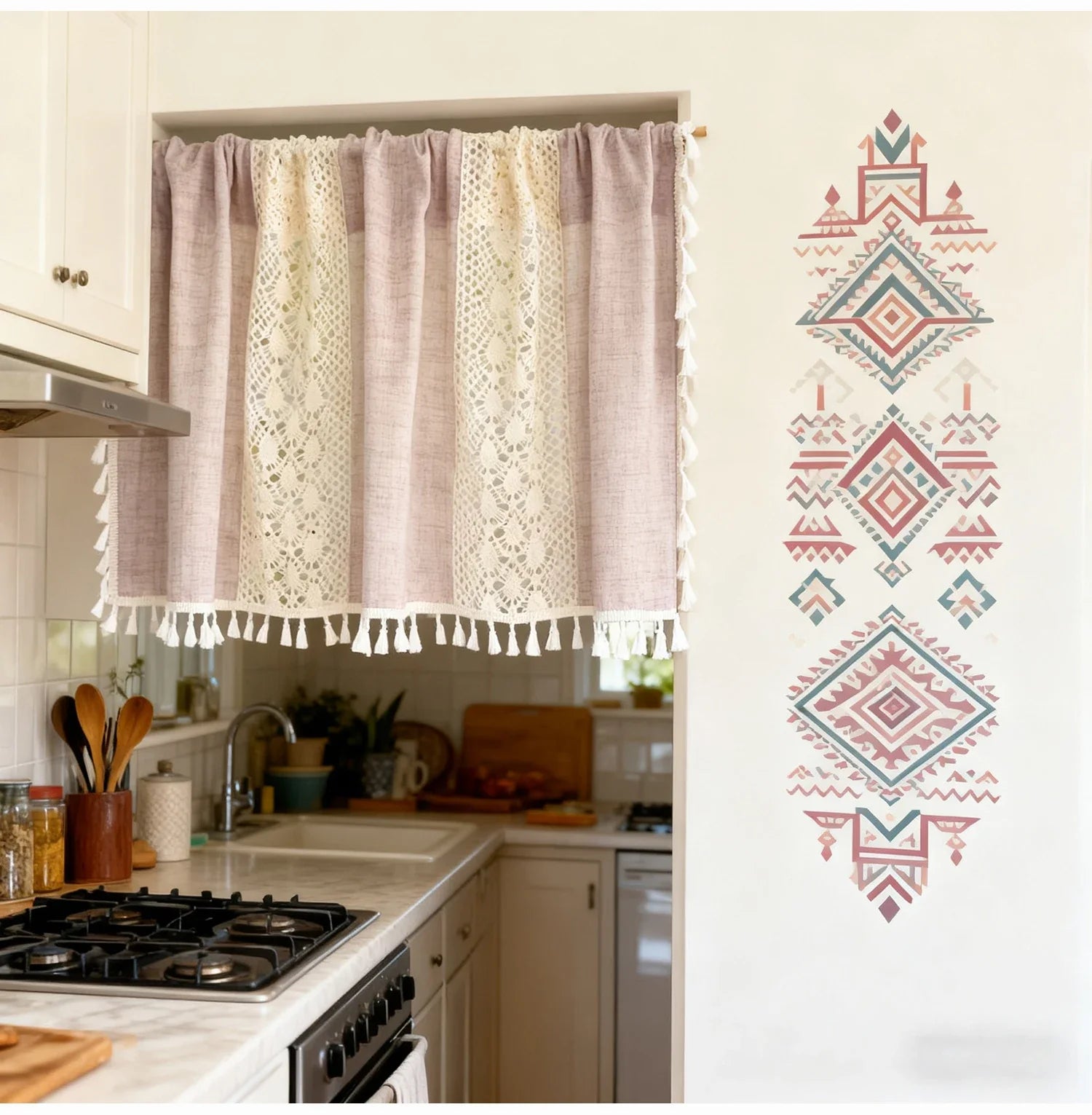 Bohemian Crochet Lace Kitchen Curtain with Tassel Trim, Spliced Design Boho Curtains for Window Panel Light Filtering Drape