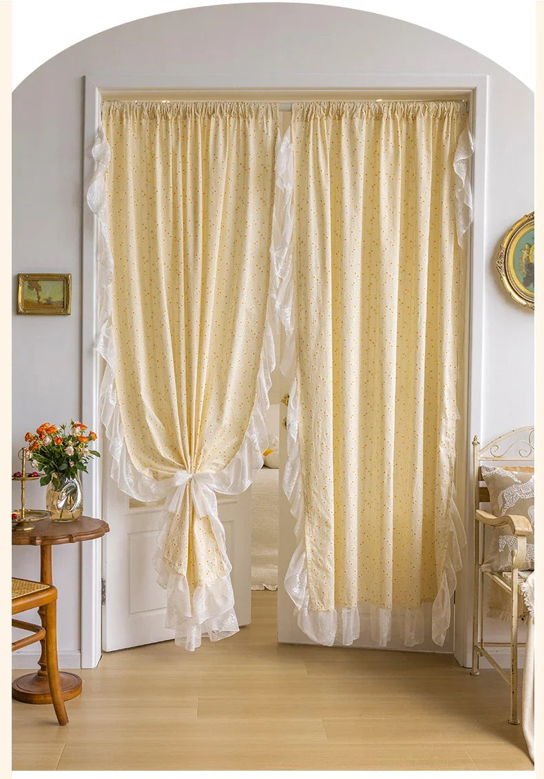 Light Yellow Daisy French Vintage Ruffle Lace Flower Semi Blackout Curtains Cotton Linen Window Door Cabinet Drapes for Bedroom