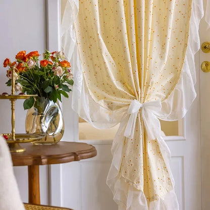 Light Yellow Daisy French Vintage Ruffle Lace Flower Semi Blackout Curtains Cotton Linen Window Door Cabinet Drapes for Bedroom