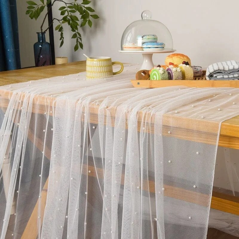Elegant Wedding Birthday Party Pearl Tablecloth Decor Tulle Cake Dessert Buffet Table Cover Stylish Backdrop Curtain Photo Prop