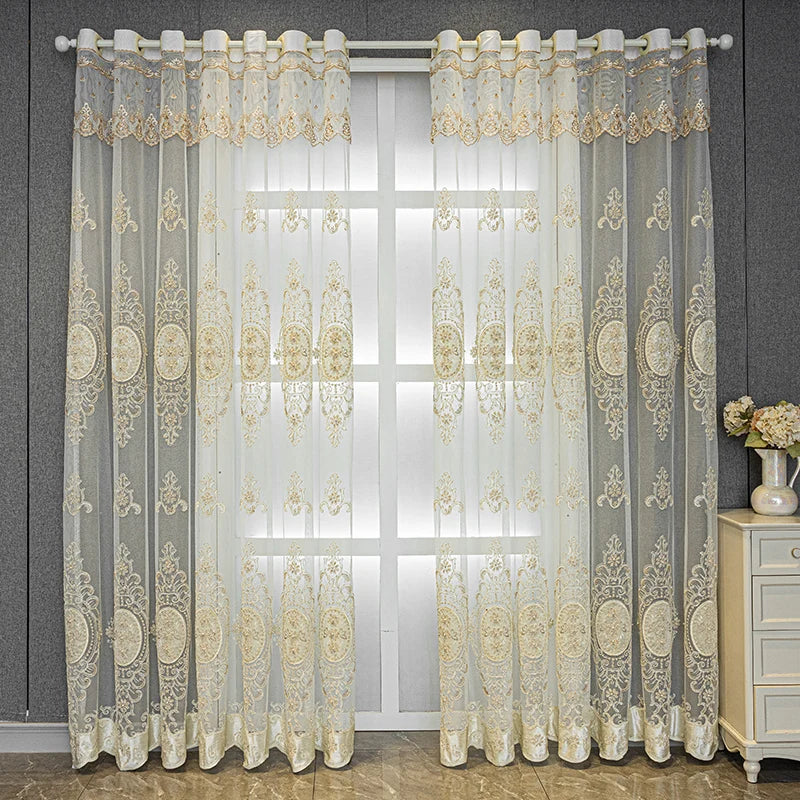 European High-End Pearl Lace Embroidered Sheer Curtains For Living Rooms, Beige Tulle Curtains For Bedroom, Home Window Curtains