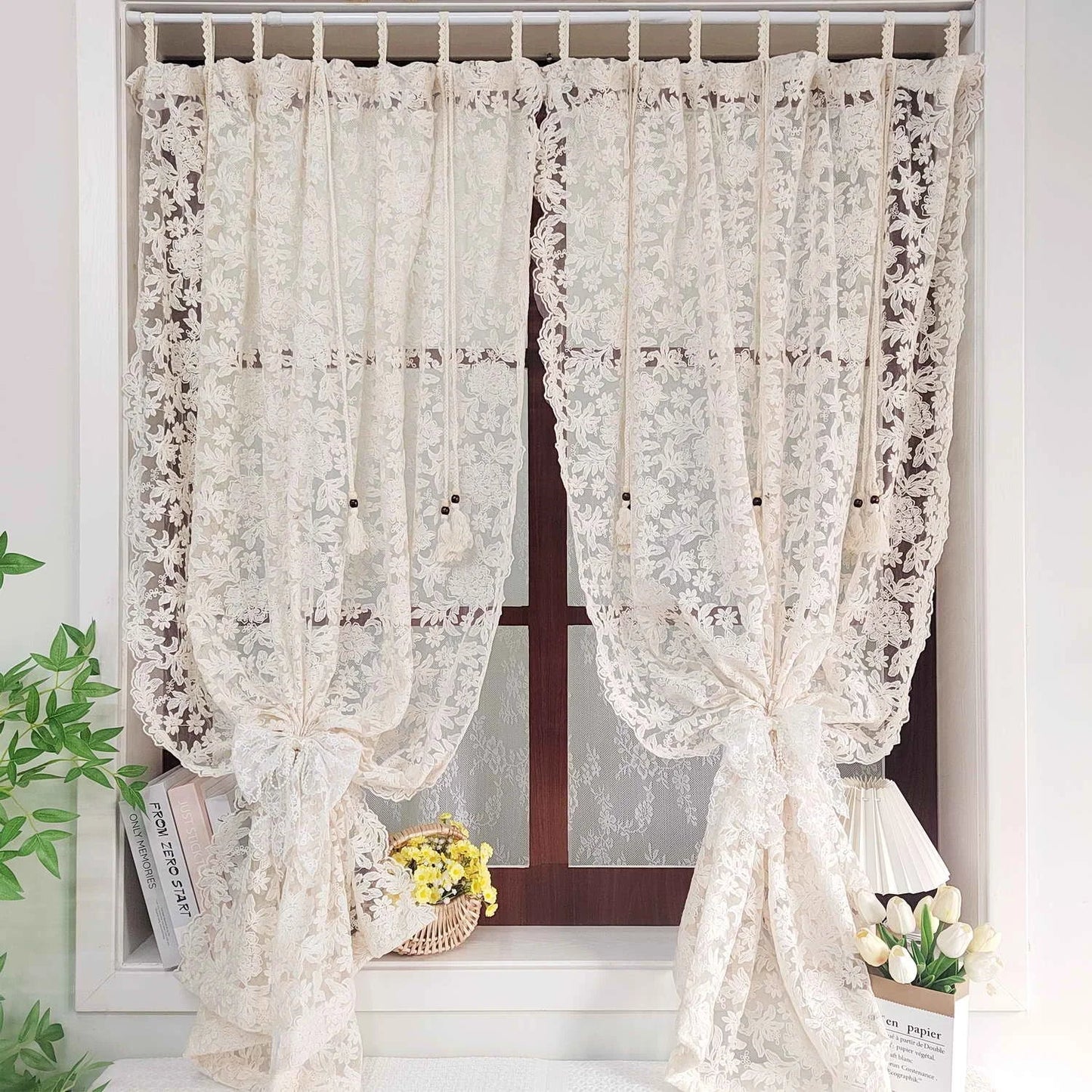 French Lace Tulle Curtain, Sling Tassel Special Design Beige Curtain For Bedroom Living Room, Window Curtain, Door Curtain