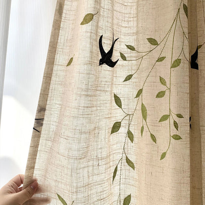 French Embroidered Bird Linen Curtain For Living Room, Privacy Sheer Curtain For Bedroom, Machine Washable .Easy Install Curtain