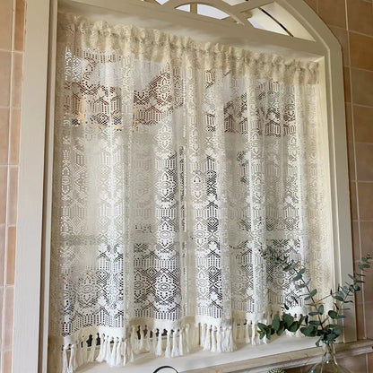 Nordic hollow lace gauze curtain fringed rural retro partition cotton and linen curtain