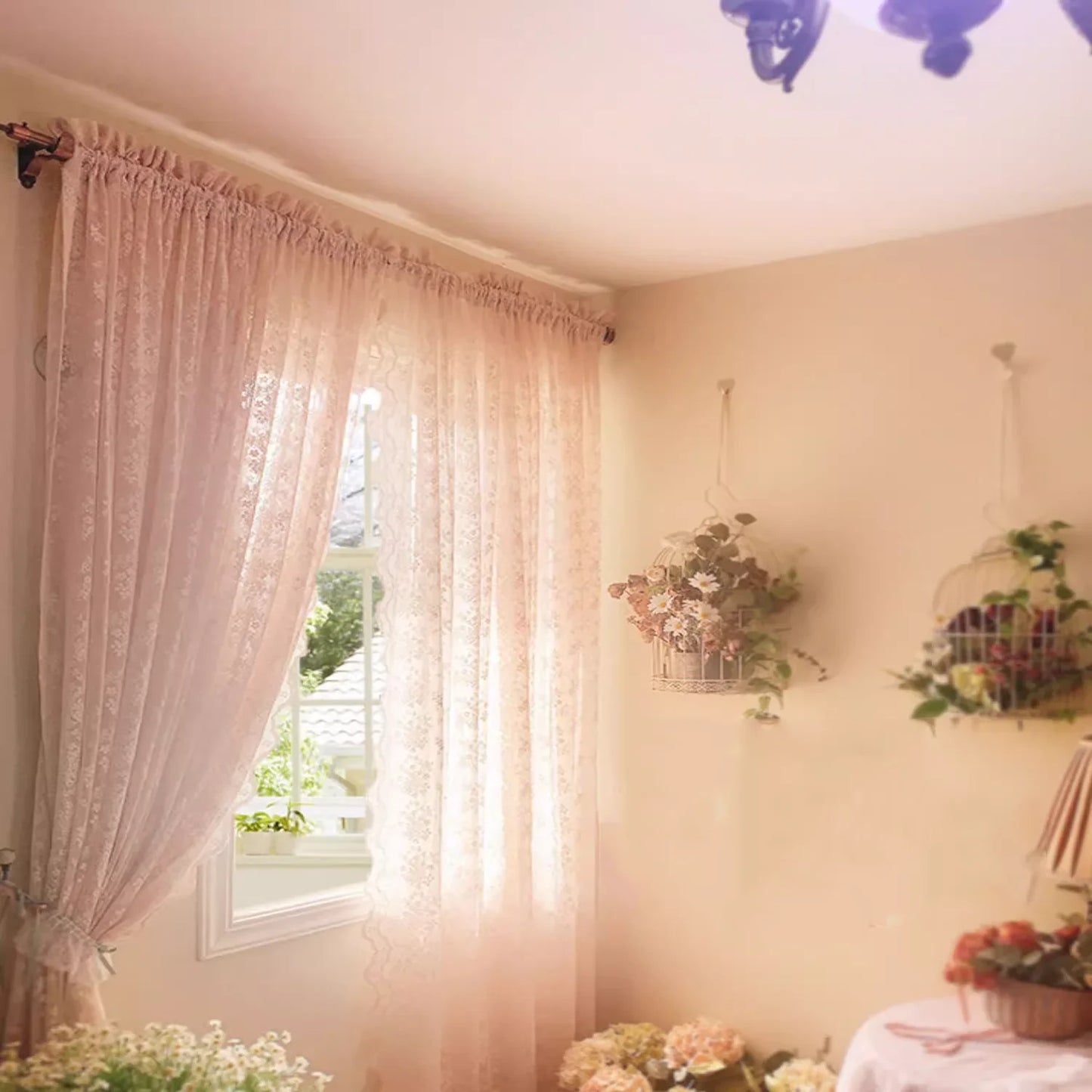 2PCS French Rustic Lace Pink Sheer Curtain For Luxurious Living Room, Princess Room, Balcony Drapes,Home Window Curtains