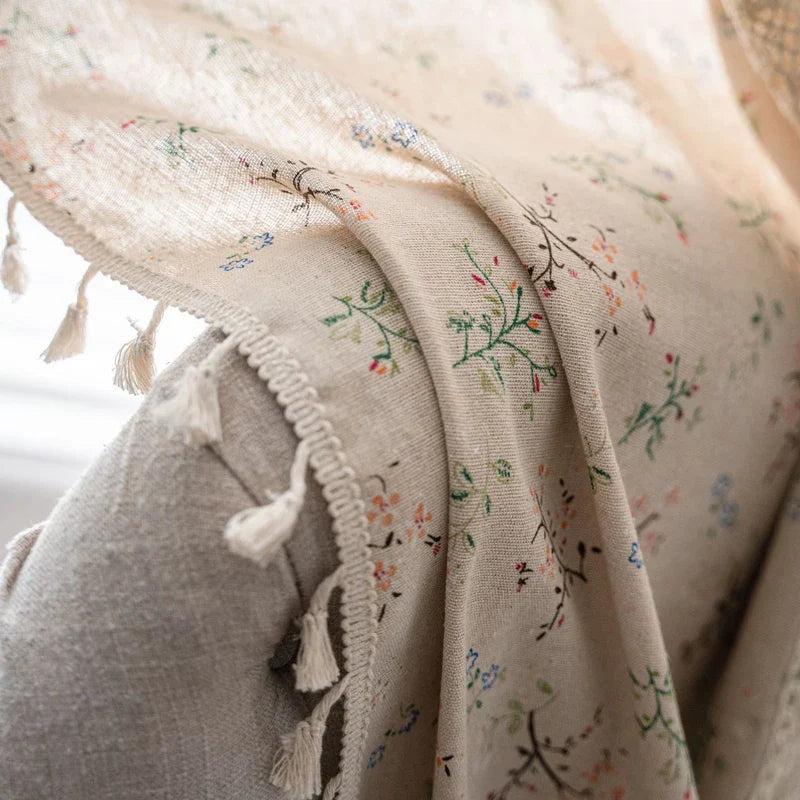 Boho Curtains Semi-Blackout Crochet Patchwork Floral Print Cotton Linen with Tassels Rod Pocket Window Drapes for Living Bedroom