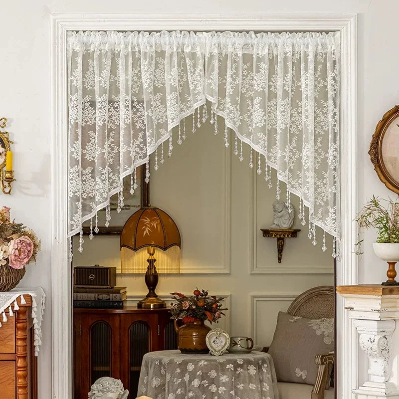 Elegant French Vintage Lace Half Curtain with Beaded Lace Triangle Design | Rod Pocket Privacy Curtain for Bedroom, Kitchen