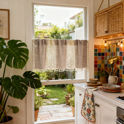 Bohemian Crochet Lace Kitchen Curtain with Tassel Trim, Spliced Design Boho Curtains for Window Panel Light Filtering Drape