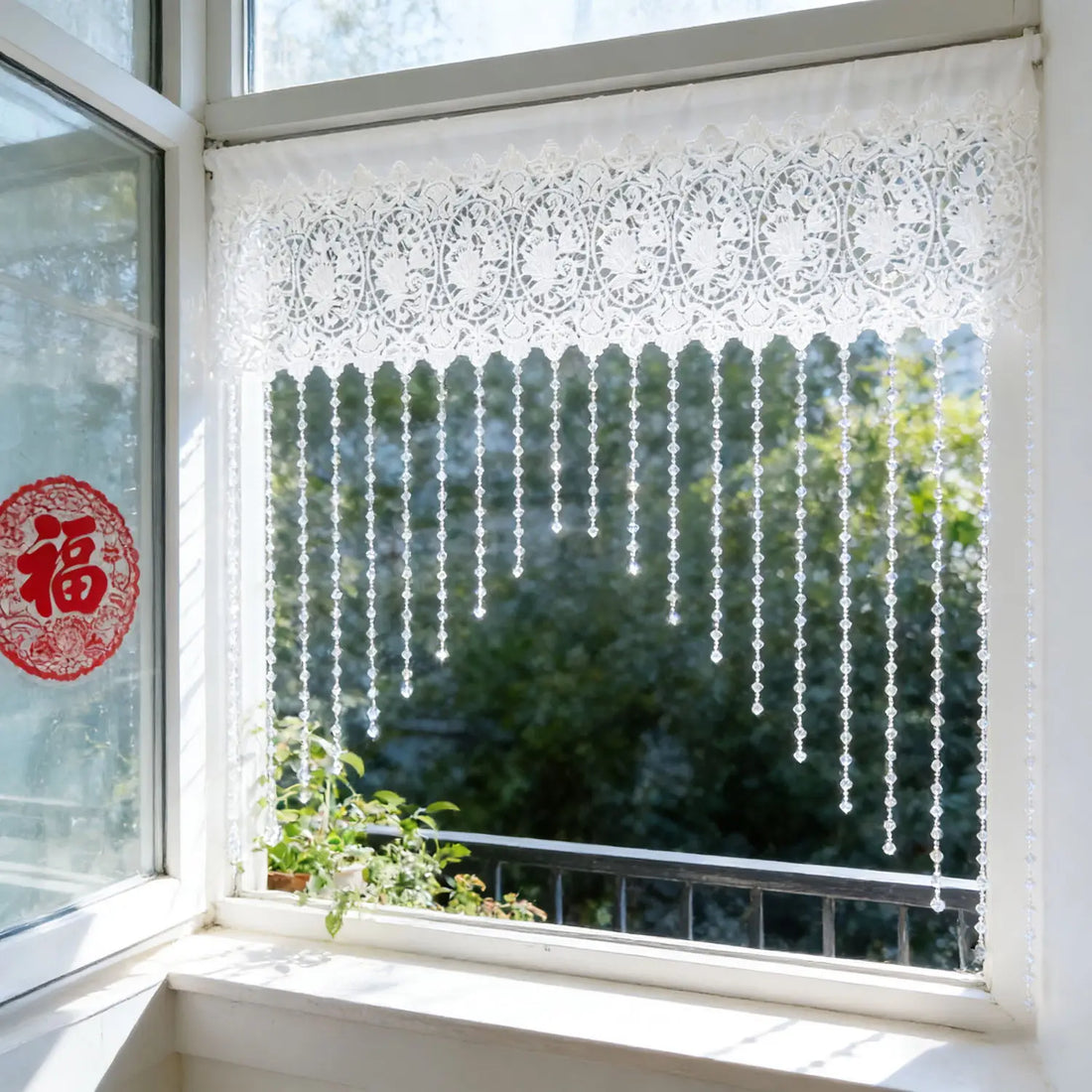 Luxury French Country Curtain with Embroidered Lace Crystal Pendants Semi-Sheer Panel,Translucent Light Filtering Window Drapery