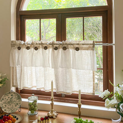 Countryside Double-layer Pleated Small Curtains For Kitchen,With Button Design Cafe Style Half Curtain,Affordable Linen Curtains