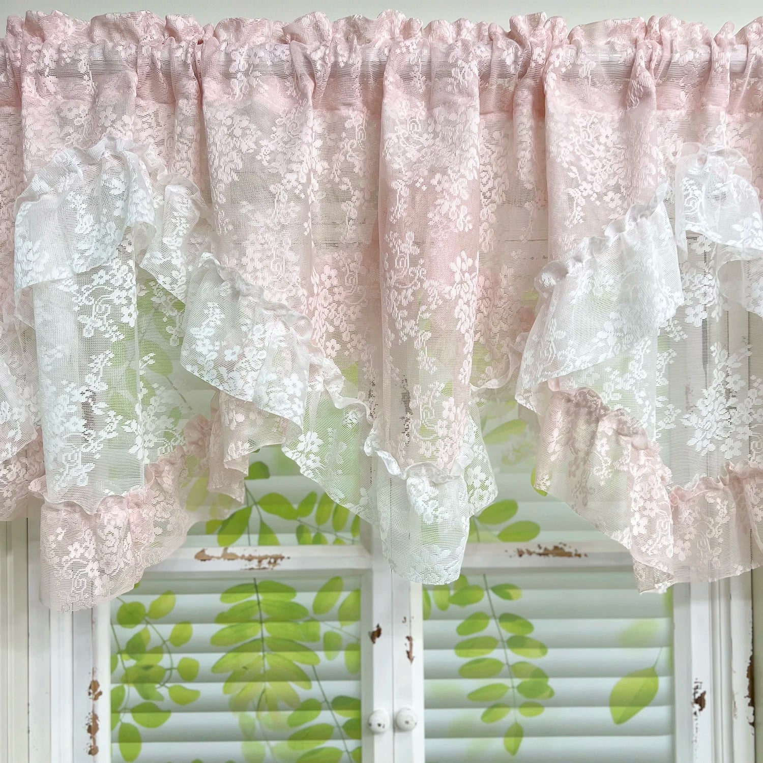 1Pc,Princess Style White Pink Double Layer Jacquard Lace with Ruffles Swag Waterfal Valance Sheer Curtains for Room Windows
