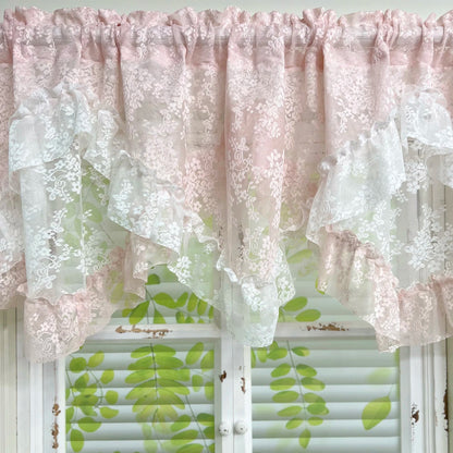 1Pc,Princess Style White Pink Double Layer Jacquard Lace with Ruffles Swag Waterfal Valance Sheer Curtains for Room Windows