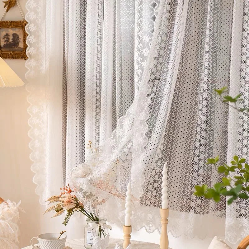 French Romantic White Geometric Star Floral Pattern Ruffles Sheer Lacework Curtains for Living Room Tulle for Windows Drapes