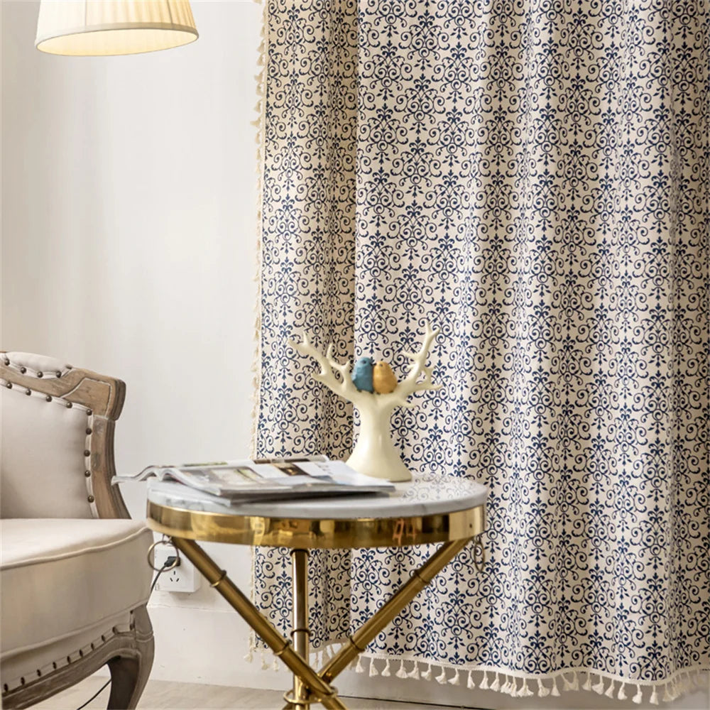 Clochef 1pc American Vintage Farmhouse Curtain Bohemian Imitation Linen Pure Hand Sewn Fringe Curtains Blue And White Porcelain