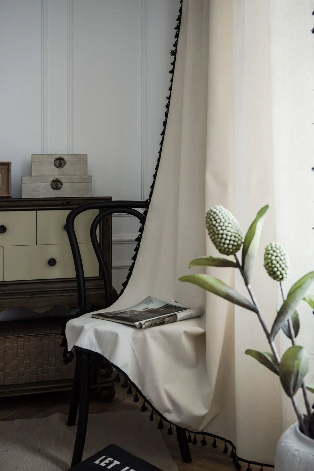 Boho Curtains Natural Linen Look Textured Burlap for Bedroom Rod Pocket Semi Blackout with Tassels Window Drapes for Living Room