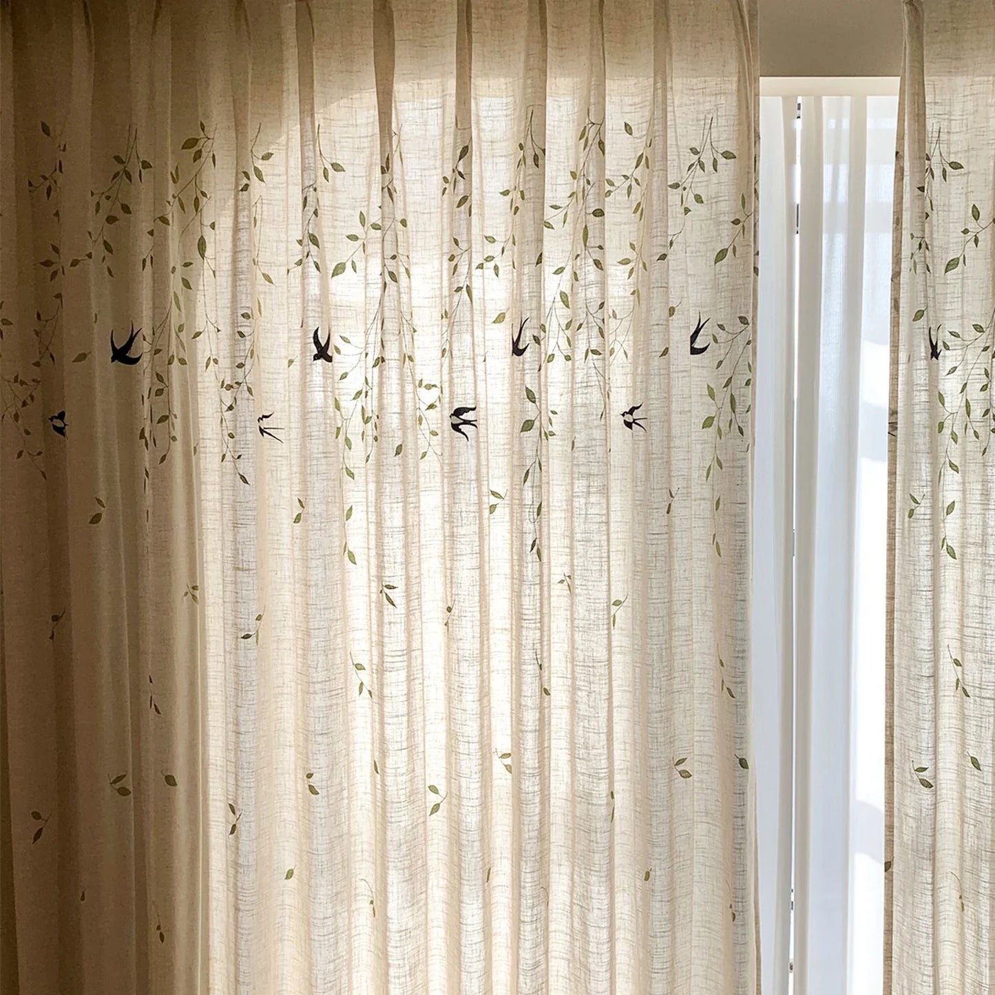 French Embroidered Bird Linen Curtain For Living Room, Privacy Sheer Curtain For Bedroom, Machine Washable .Easy Install Curtain