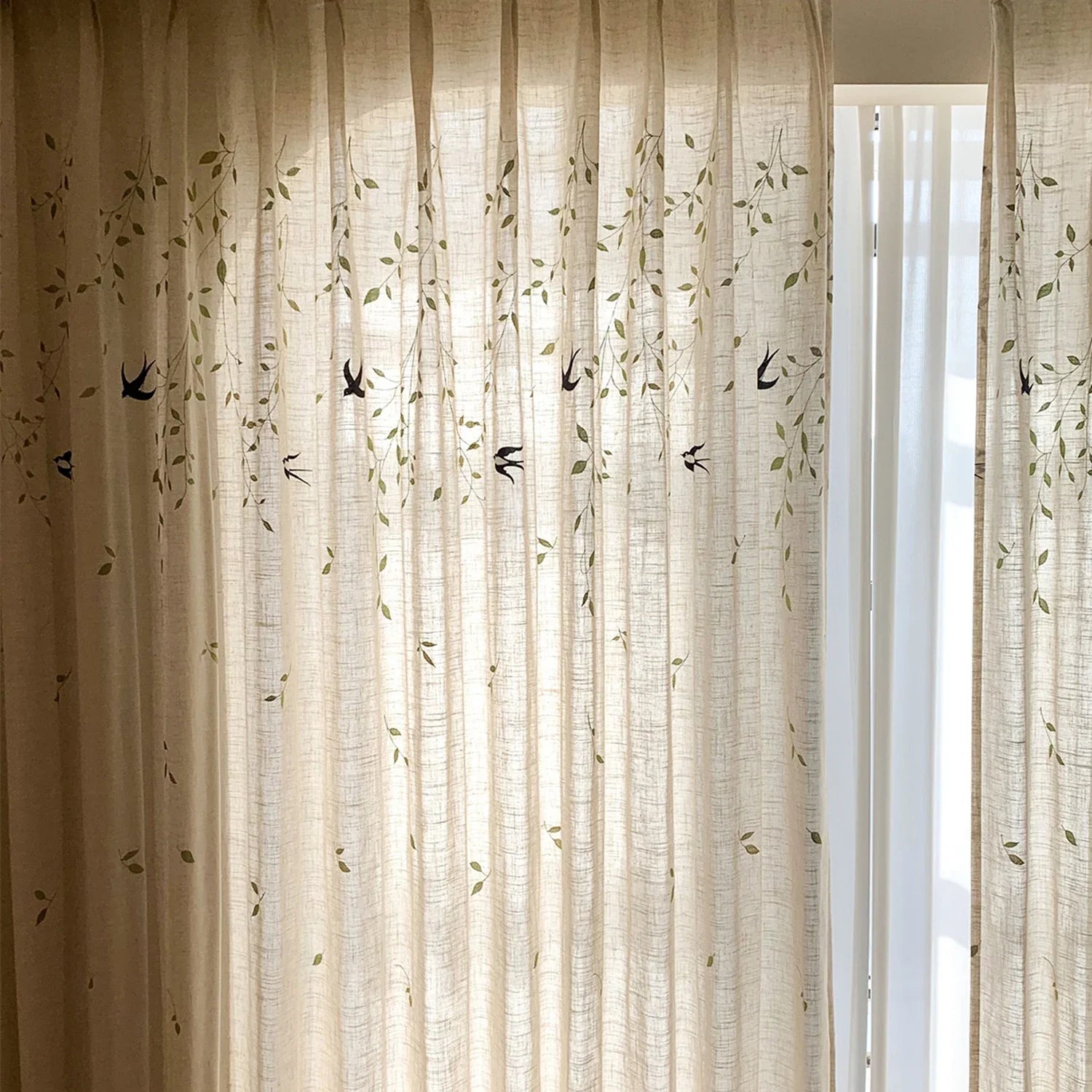 French Embroidered Bird Linen Curtain For Living Room, Privacy Sheer Curtain For Bedroom, Machine Washable .Easy Install Curtain