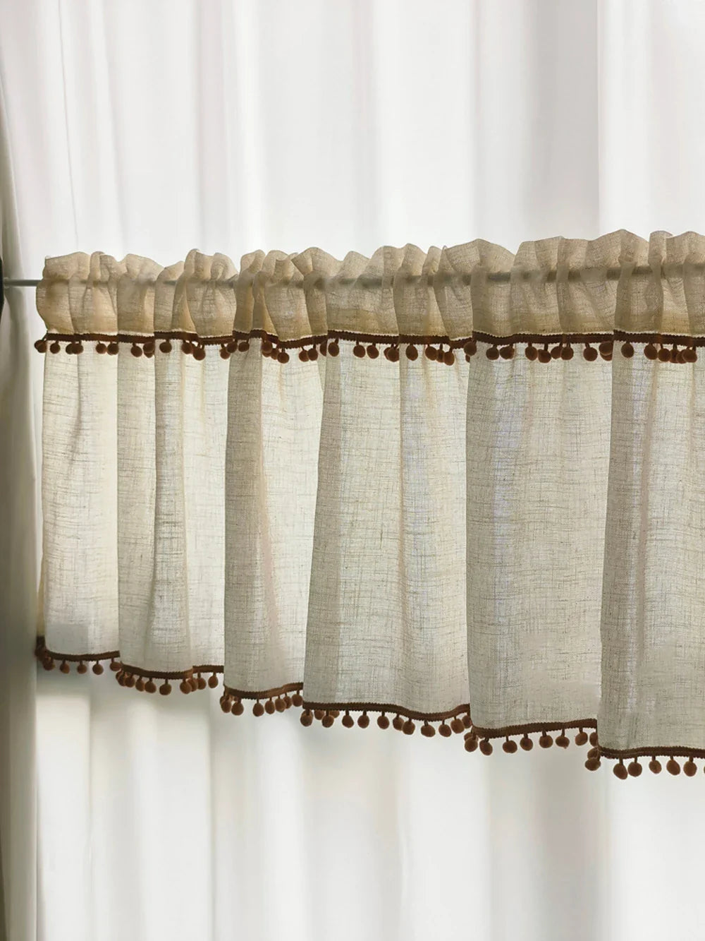 Kitchen Curtains Faux Linen Textured Small Cafe Window Curtain with Pom Pom Over Sink Light Filtering Short Curtain for Bathroom