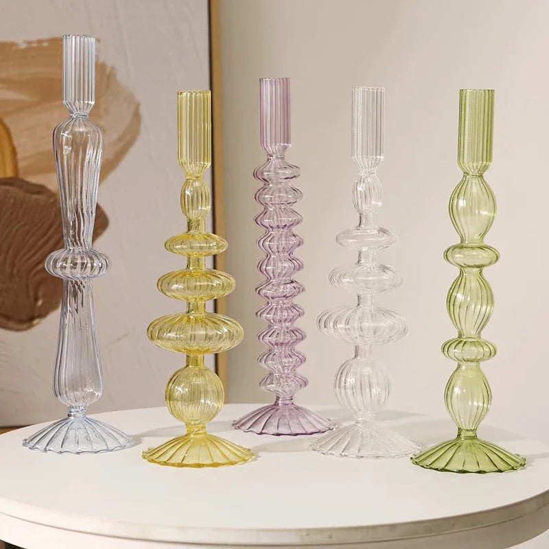 Nordic Glass Candle Holders Colorful Transparent Candlestick Flower Vase Wedding Party Table Centerpiece Home Decorations Crafts