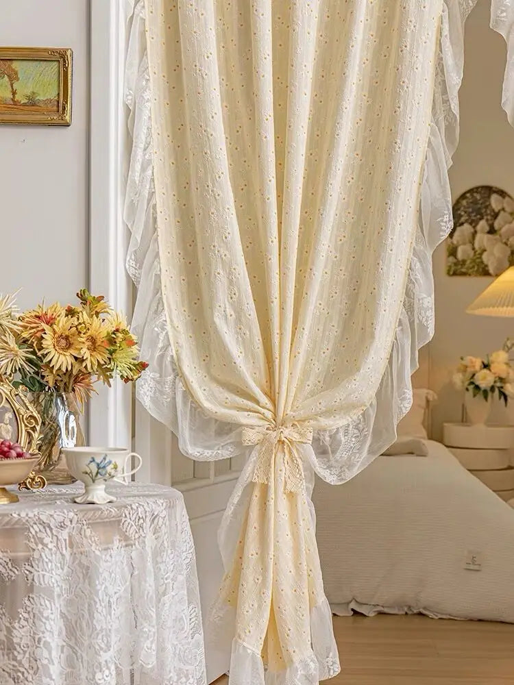 Light Yellow Daisy French Vintage Ruffle Lace Flower Semi Blackout Curtains Cotton Linen Window Door Cabinet Drapes for Bedroom
