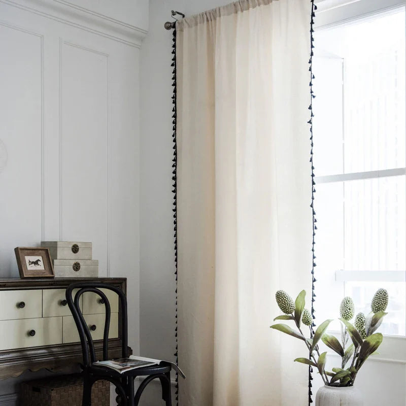 Boho Curtains Natural Linen Look Textured Burlap for Bedroom Rod Pocket Semi Blackout with Tassels Window Drapes for Living Room