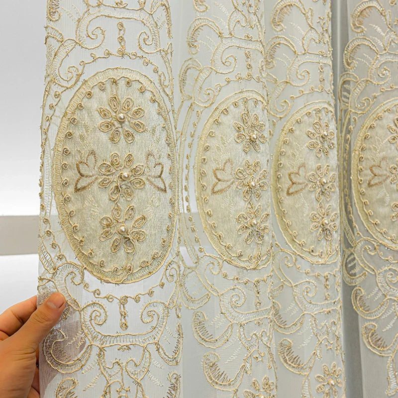 European High-End Pearl Lace Embroidered Sheer Curtains For Living Rooms, Beige Tulle Curtains For Bedroom, Home Window Curtains