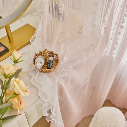 Pink Vertical Striped Rose Flower Lace With White Pearl Ruffled Tulle Curtains For Living Room Romantic Princess Bedroom Drapes