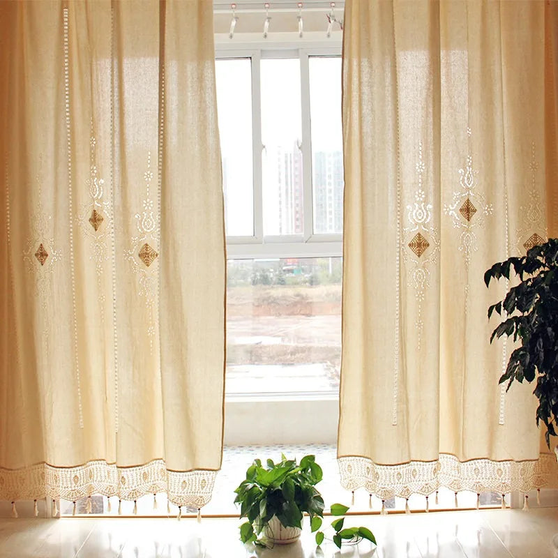 French Solid Cotton Linen Retro Hollow Curtain Handmade Crochet Bottom Stitching Blackout Window Curtain for Living Room