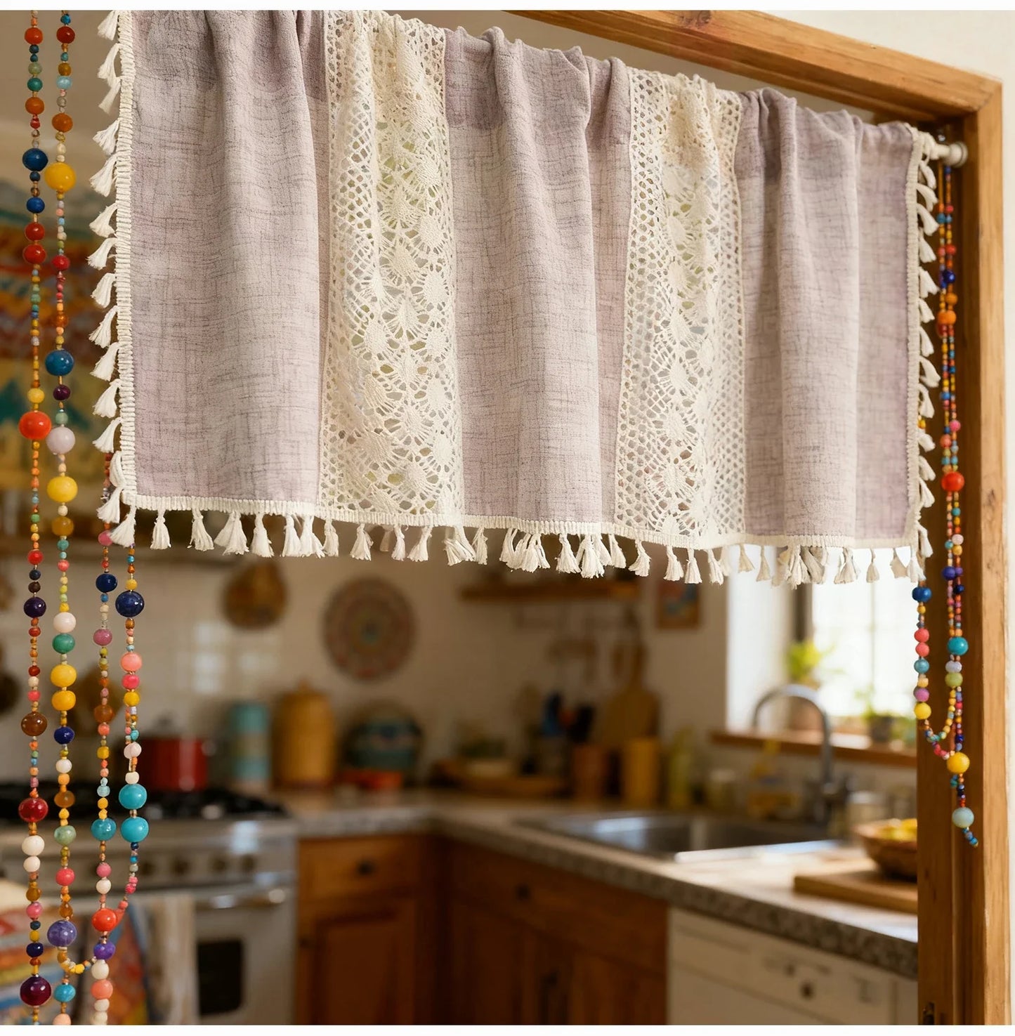 Bohemian Crochet Lace Kitchen Curtain with Tassel Trim, Spliced Design Boho Curtains for Window Panel Light Filtering Drape