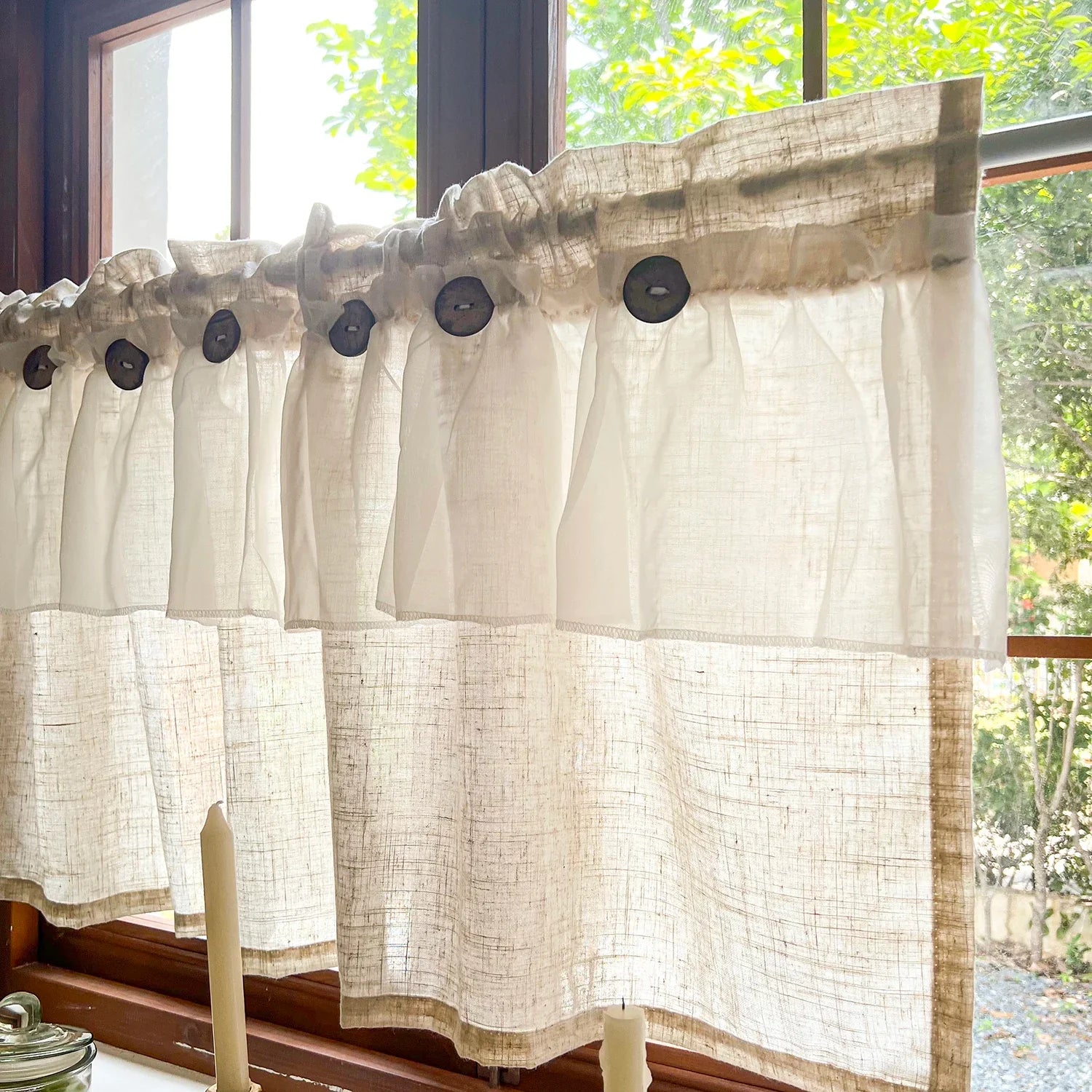 Countryside Double-layer Pleated Small Curtains For Kitchen,With Button Design Cafe Style Half Curtain,Affordable Linen Curtains
