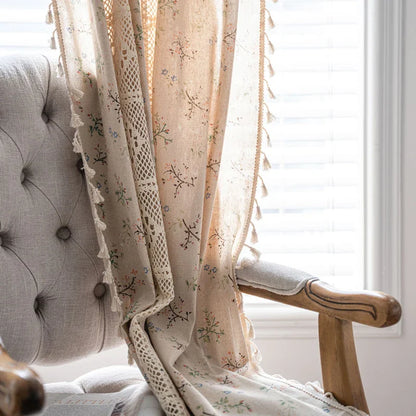 Boho Curtains Semi-Blackout Crochet Patchwork Floral Print Cotton Linen with Tassels Rod Pocket Window Drapes for Living Bedroom