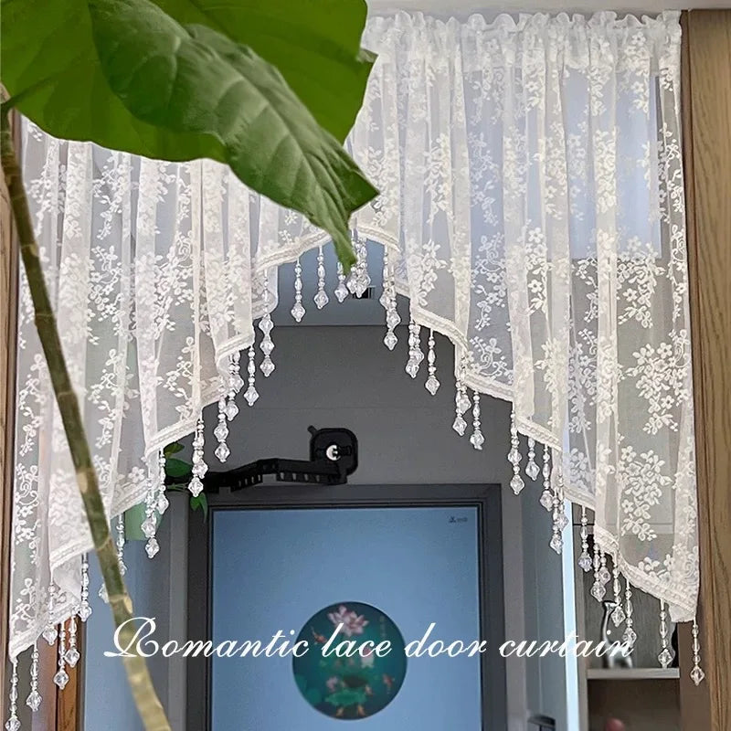 Elegant French Vintage Lace Half Curtain with Beaded Lace Triangle Design | Rod Pocket Privacy Curtain for Bedroom, Kitchen