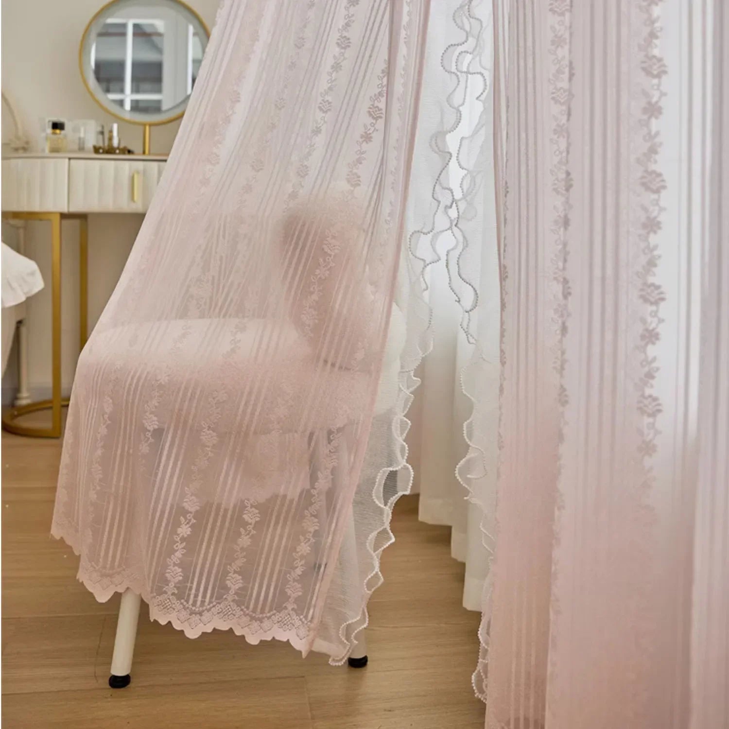 Pink Vertical Striped Rose Flower Lace With White Pearl Ruffled Tulle Curtains For Living Room Romantic Princess Bedroom Drapes